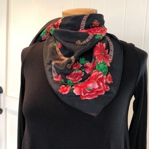 Black and red flowered silk scarf